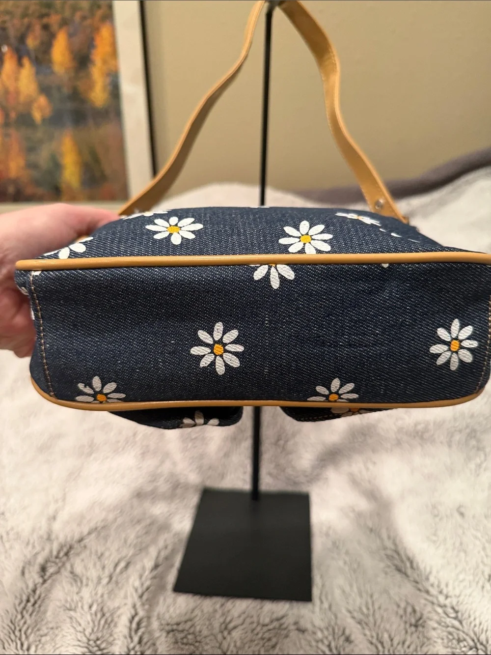 Denim Daisy Print Shoulder Bag with Tan Trim